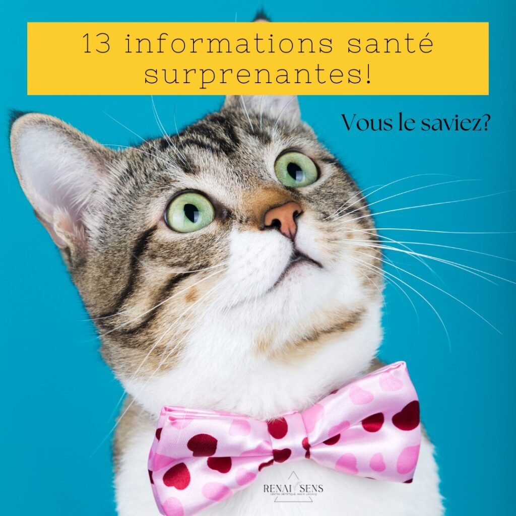 Chat avec un nœud papillon rose et texte “13 informations santé surprenantes”, illustrant un post santé ludique et informatif